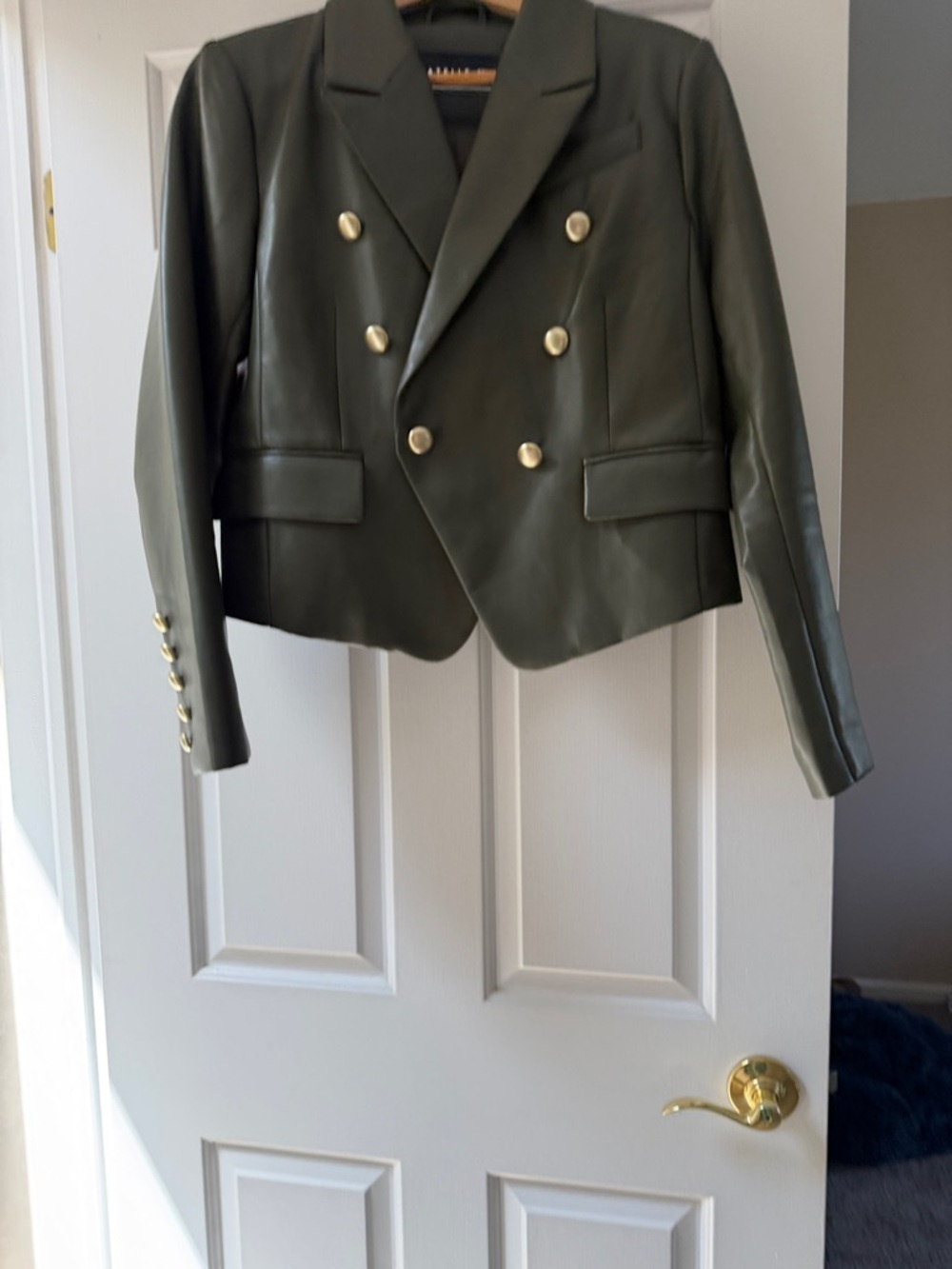bagatelle Olive Green Double-Breasted Cropped Faux Leather Blazer